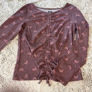 SO Girls XL Butterfly Print Long Sleeve Tie Front Top Shirt